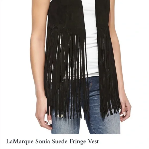 Lamarque Sonia Black Suede Leather Fringe Vest XS